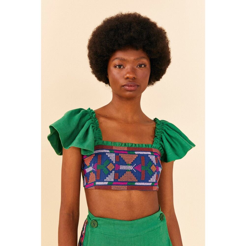 Farm Rio Embroidered Green Ruffle Sleeve Square Neck Crop Top Size L